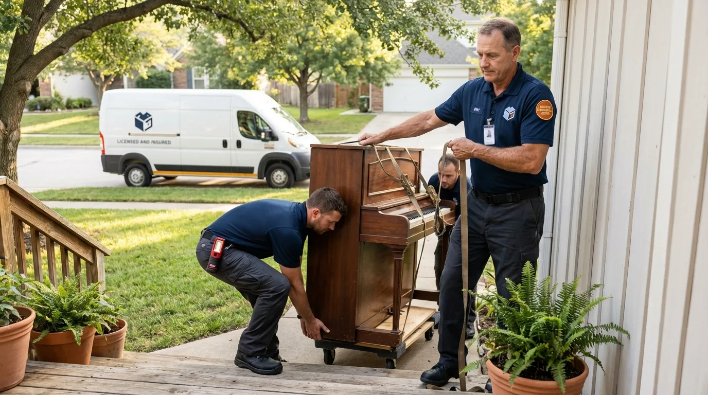 Licensed piano movers securing grand piano in Gowanda, NY