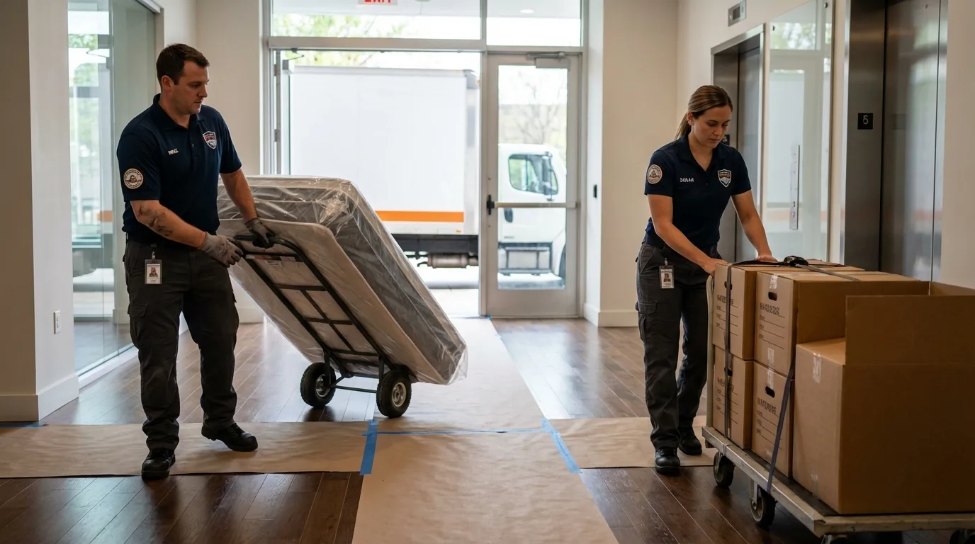 Professional apartment movers loading elevator in Gowanda, NY